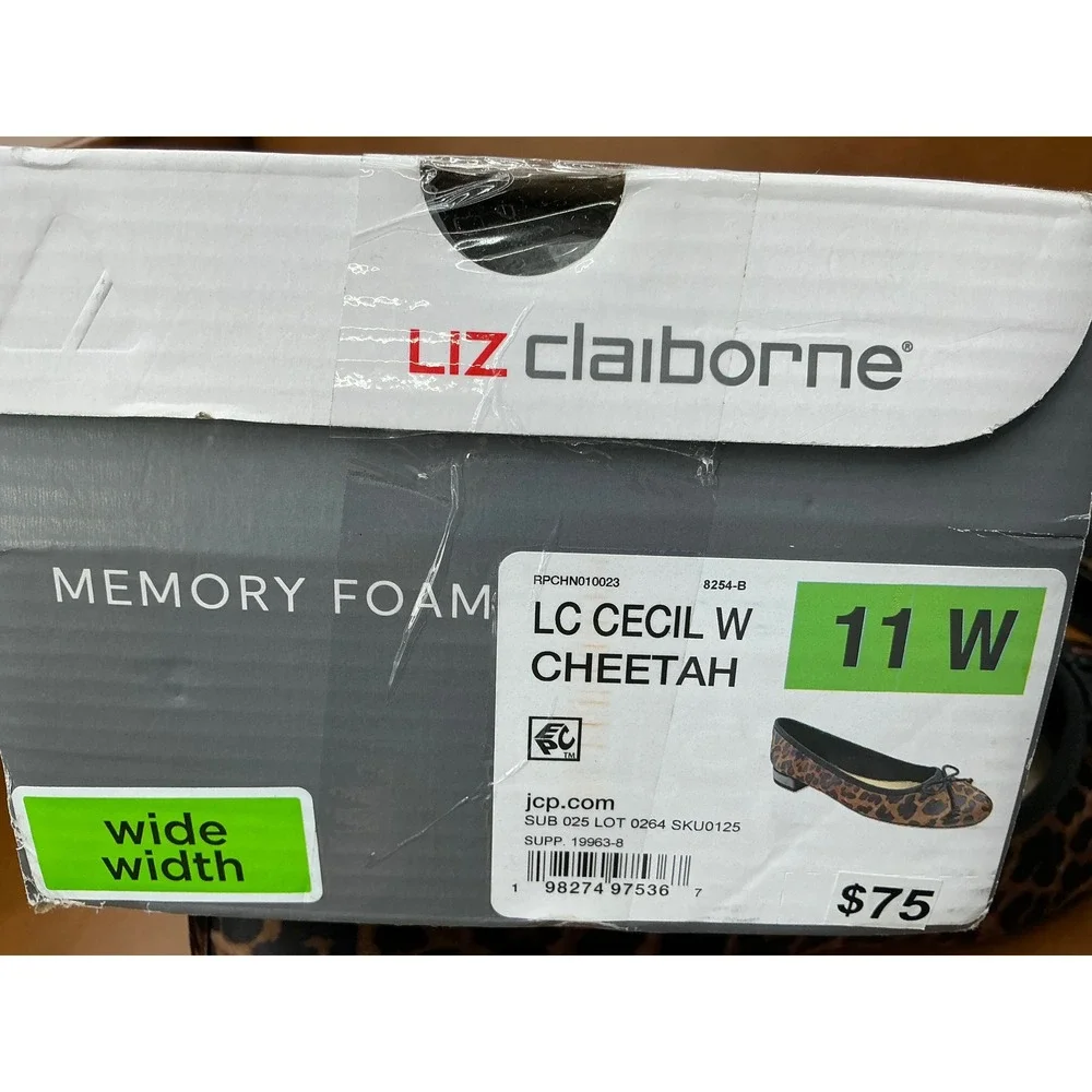 Liz Claiborne Cecil Ballet Flats Womens 11W Cheetah New Memory Foam Bow Accent